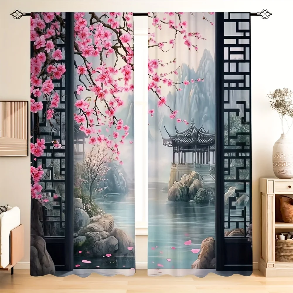 Traditional Chinese Garden Curtain Peach Blossom Waterside Pavilion Print Drape For Living Room Bedroom Hotel Home Ornament
