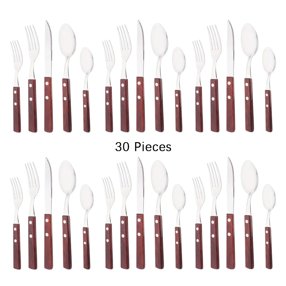 16/24/30Pcs Red Wooden Handle Cutlery Set Stainless Steel Home Sharp Knife Fork Spoon Tableware Kitchen Complete Dinnerware Set