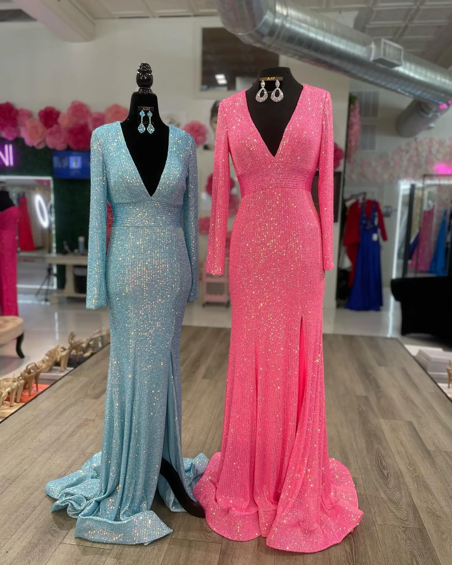 Sparkle Sequins Prom Dress 2k23 Long Sleeves Fitted Plunging V-Neck High Slit Light Sky Blue Hot-Pink Pageant Gown Formal Event