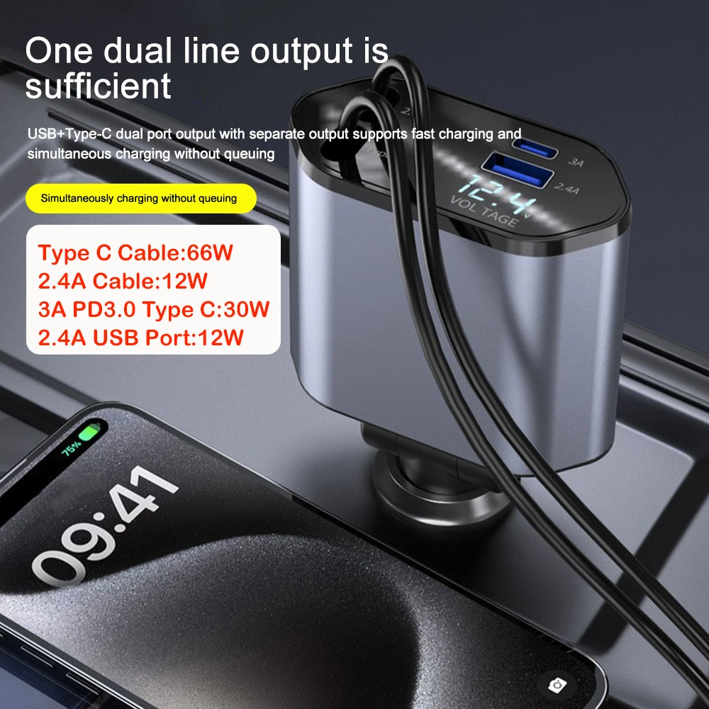 4 IN 1 Car Phone Charger 120W Type C 66W+2.4A Charging Cable with Retractable Cords with Volt Display For IPhone Huawei Samsung view 2