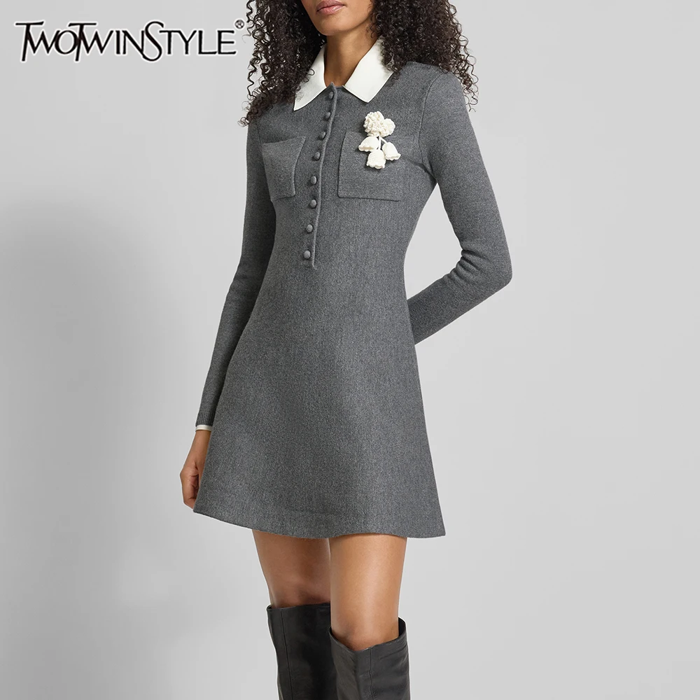 

TWOTWINSTYLE Hit Color Spliced Single Breasted Fashion Dresses for Women Lapel Long Sleeves Patchwork Knit Flowers Dress Female