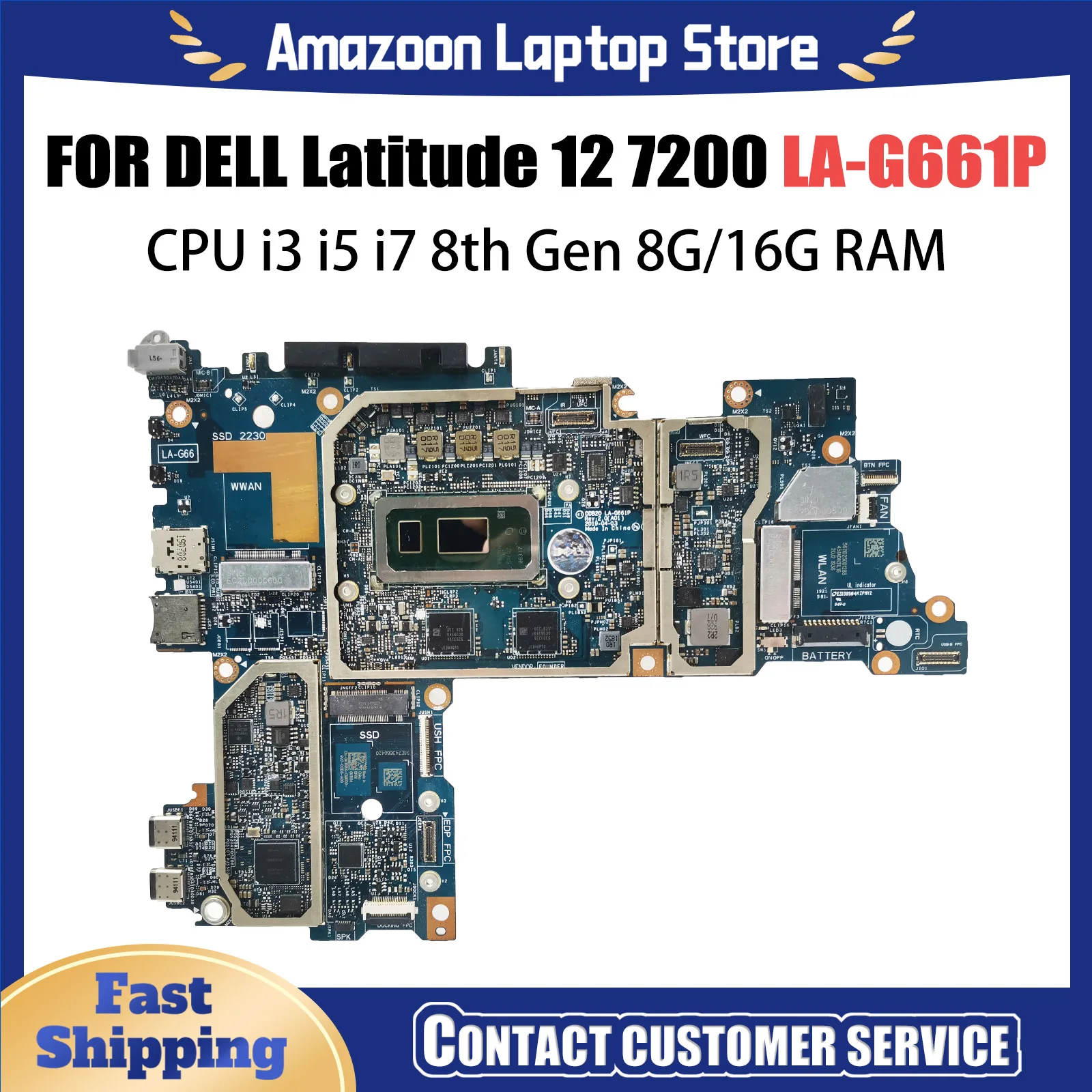 LA-G661P Laptop Motherboard For Dell Latitude 7200 0692DM 0TJFG7 0XFWFG Mainboard with I3 I5 I7 8th Gen CPU 8G/16G RAM