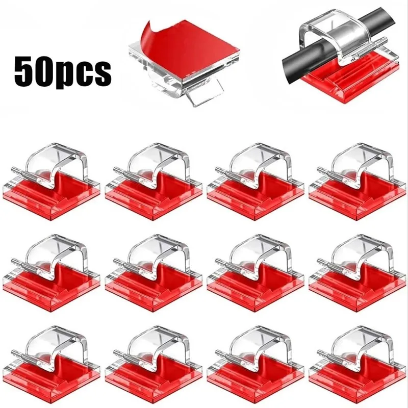 50PCS Transparent USB Cable Organizer Wire Holder Cable Menagment Desk Cable Holder Self-adhesive Wall Mounted Hook RXQ11