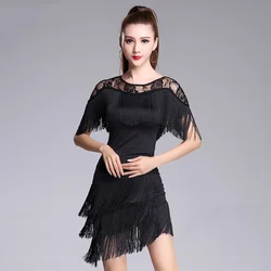 Lace Neck Fringe design Women Latin Dance Tops Tassel Latin Dancing Dress Cloth Tango Chacha Dancing Performamnce shirt