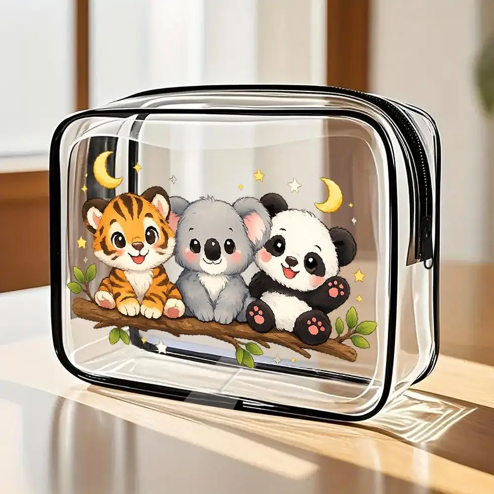 Toilet Bag Tiger Koala Panda Kawaii Cartoon Clear PVC Zipper Makeup Bag Transparent Portable Cosmetic Organizer With Crescent Mo