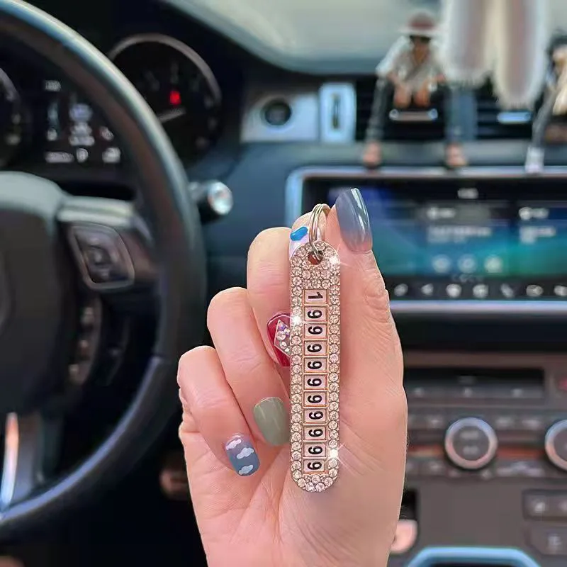 Women Anti-Lost Phone Number Plate Car Keyring Pendant Auto Vehicle Crystal Keychain Cellphone Number Card Keyfob Dropshipping