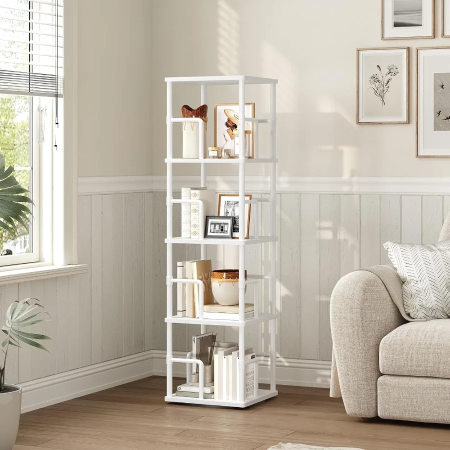 رف كتب دوار مكون من 4 طبقات رف كتب زاوية قائم بذاته مع وظيفة دوارة 360 درجة رف تخزين على الطراز الصناعي يتميز بسلاسة