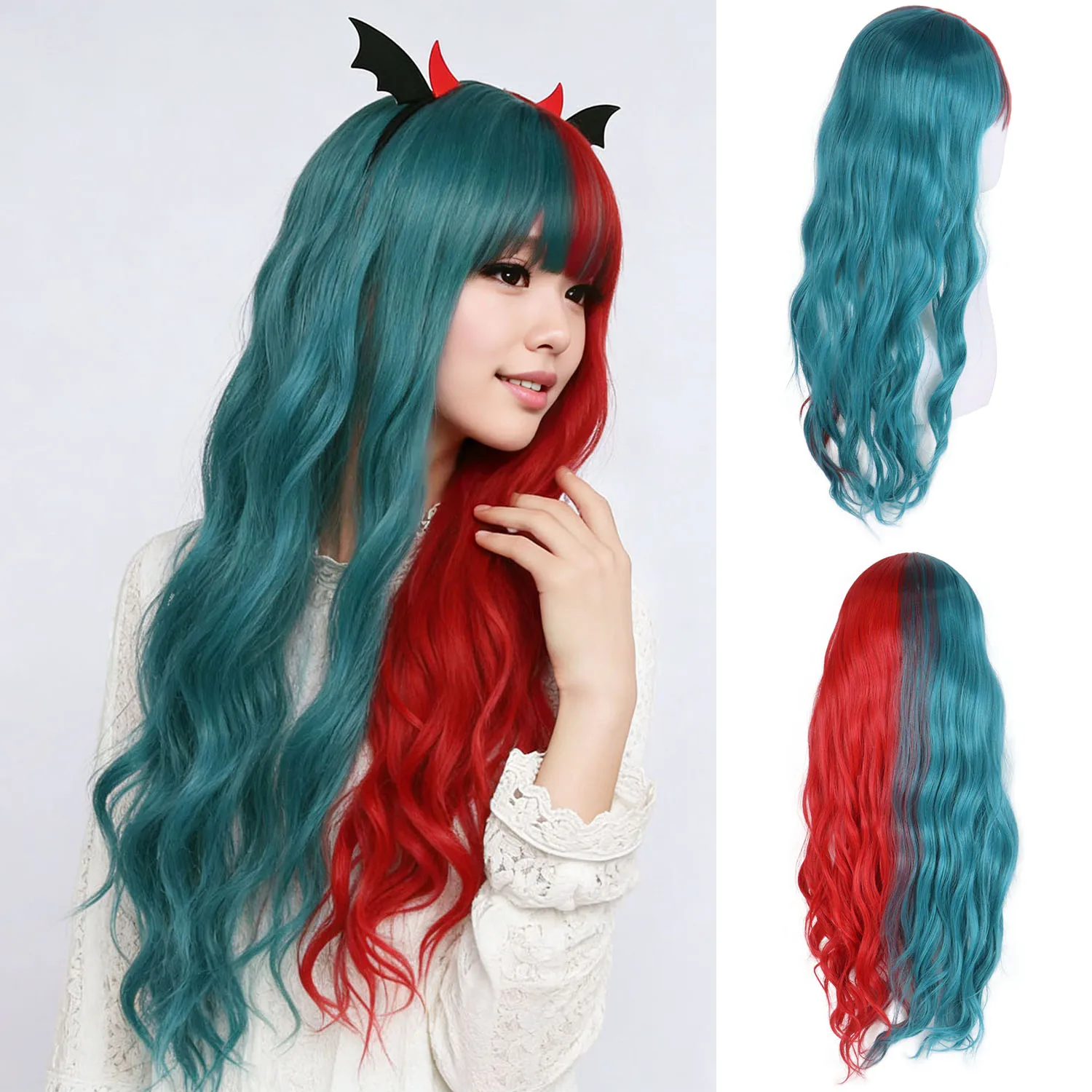 

Синтетический голубой парик премиум-класса на Рождество, длинный вьющийся синий смешанный красный парик с челкой, волнистые парики для женщин, косплей, Хэллоуин