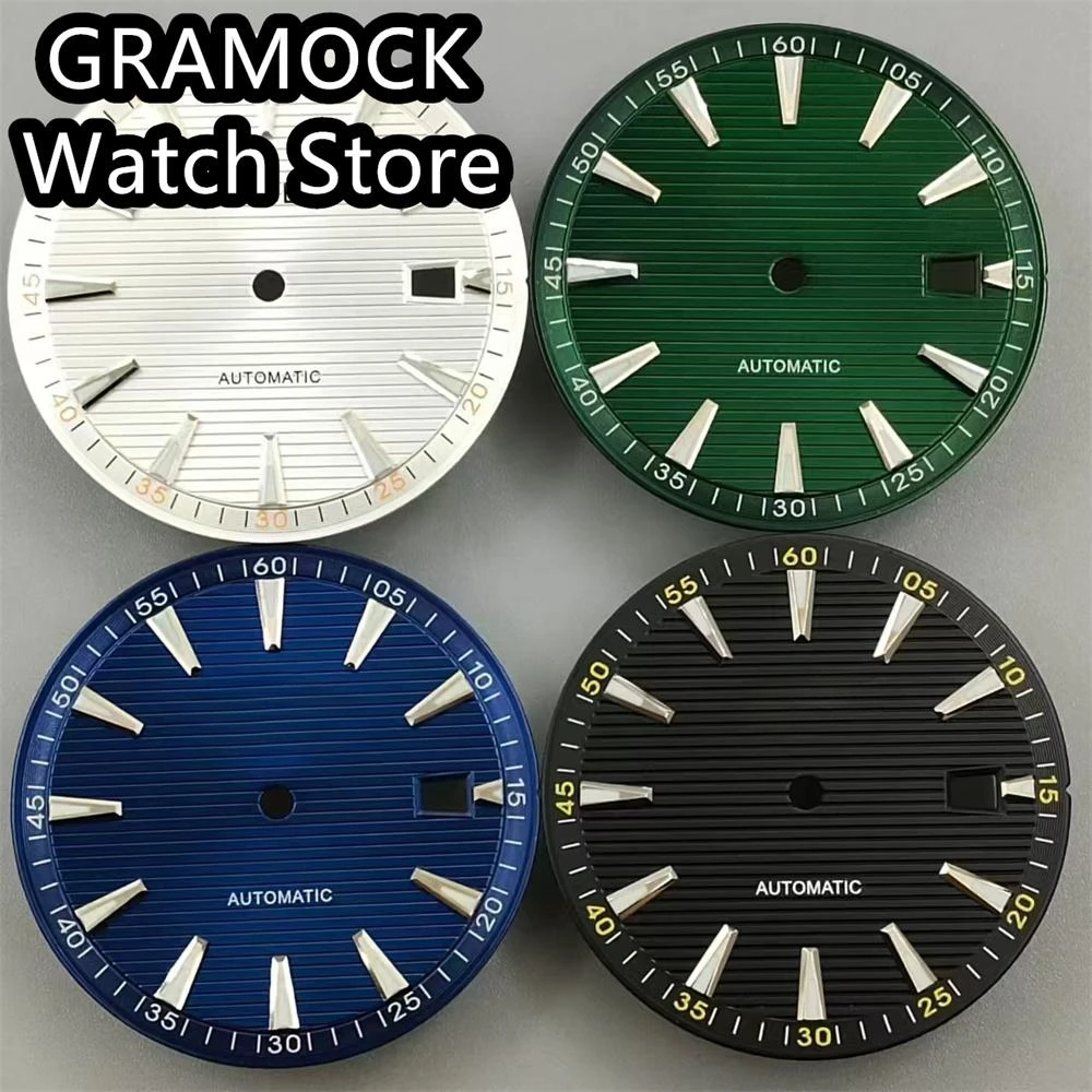 GRAMOCK 33.4mm Watch Dial Black White Blue Green Dial Green Luminous Fit NH35 Movement