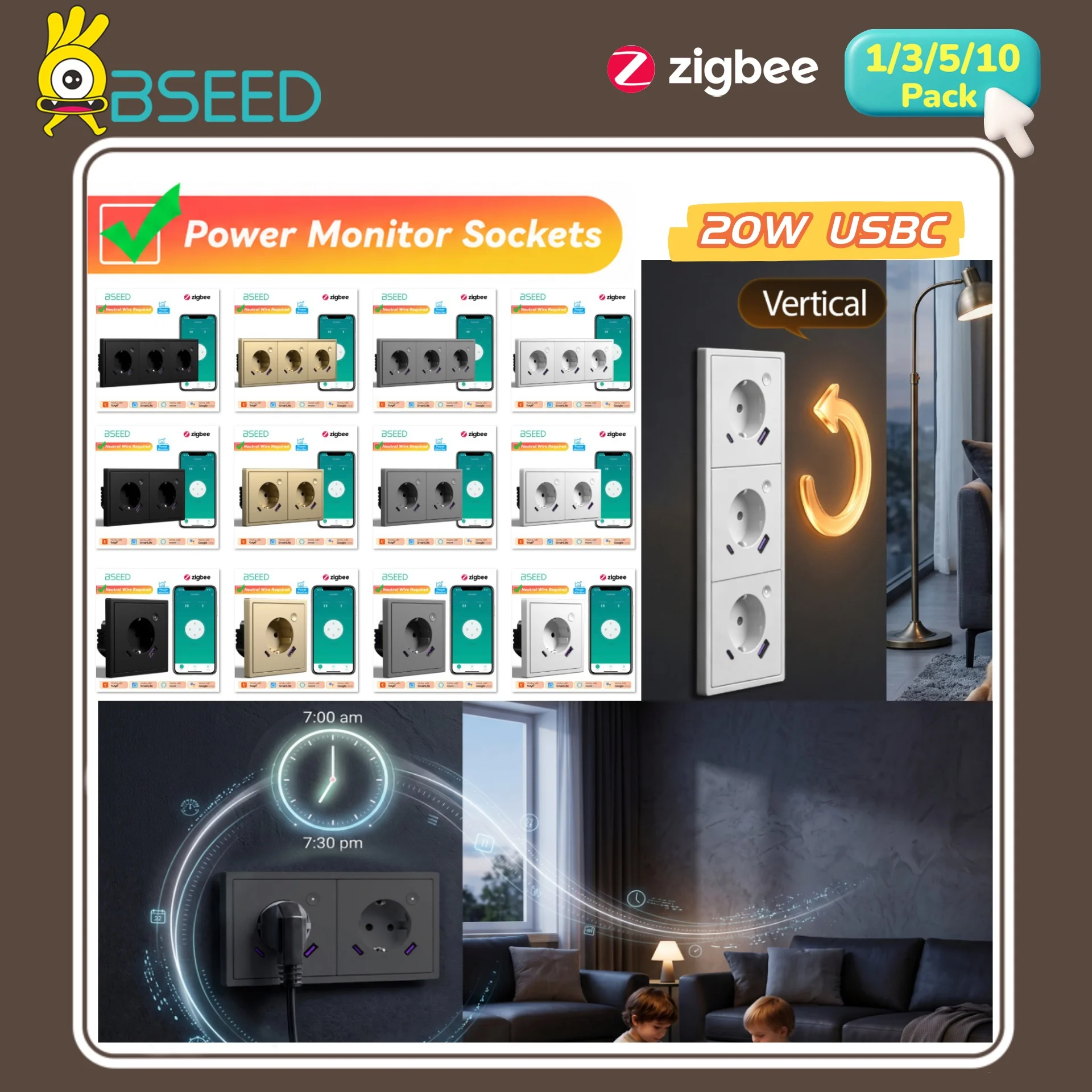 Smart Socket 16A Tuya App - BSEED Einzel-Zigbee-Steckdose, Doppelte Intelligente Strommess-Steckdose, 20W