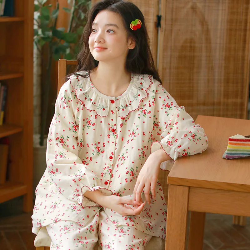 

Autumn New Pajamas Women's Thin Three-layer Cotton Yarn Long-sleeved Trousers 2PCS Sweet and Wearable Loungewear Set
