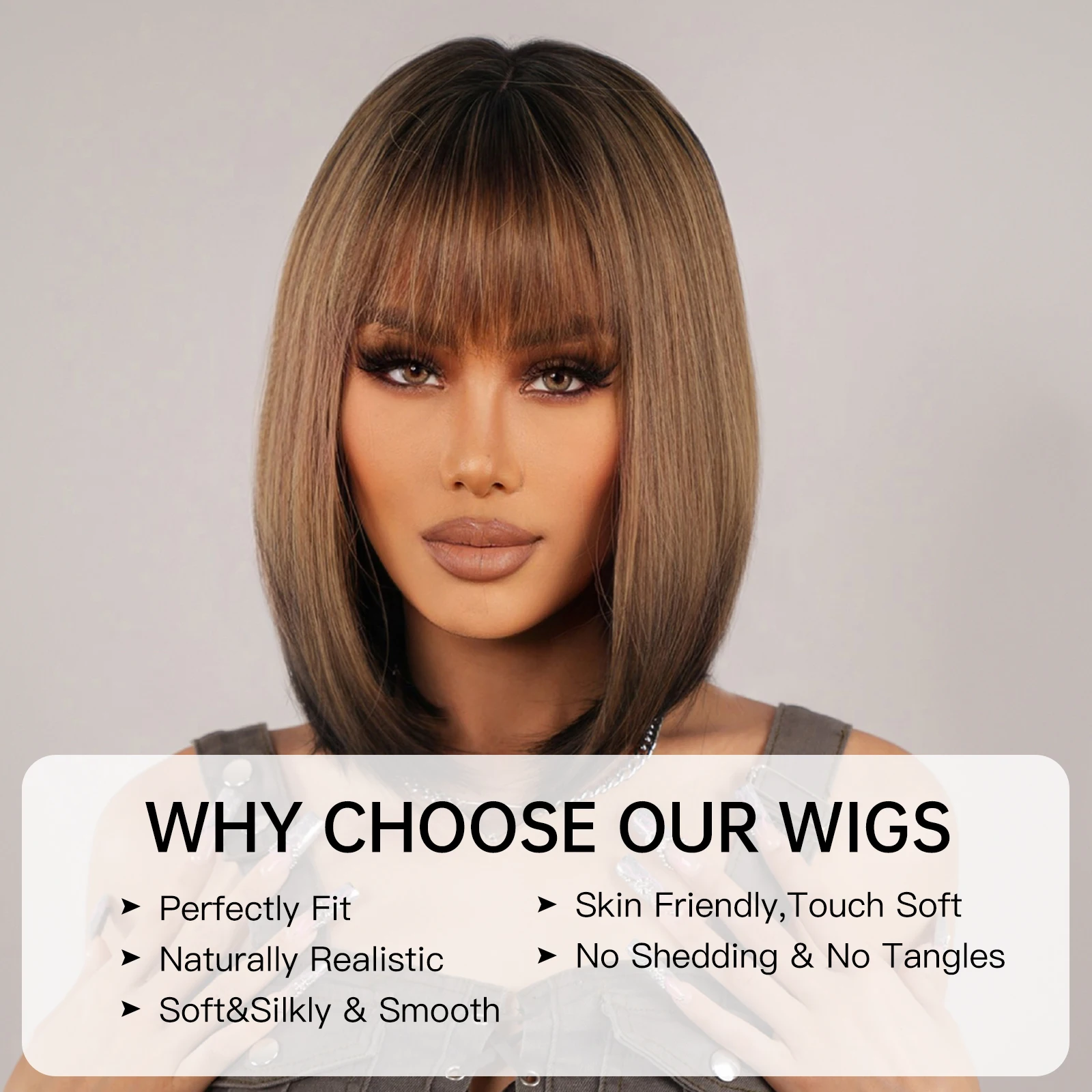 Brown Black Ombre Synthetic Wig with Bangs Short Straight Wigs for Black Women Daily Party Fake Hair Heat Resistant Dark Root