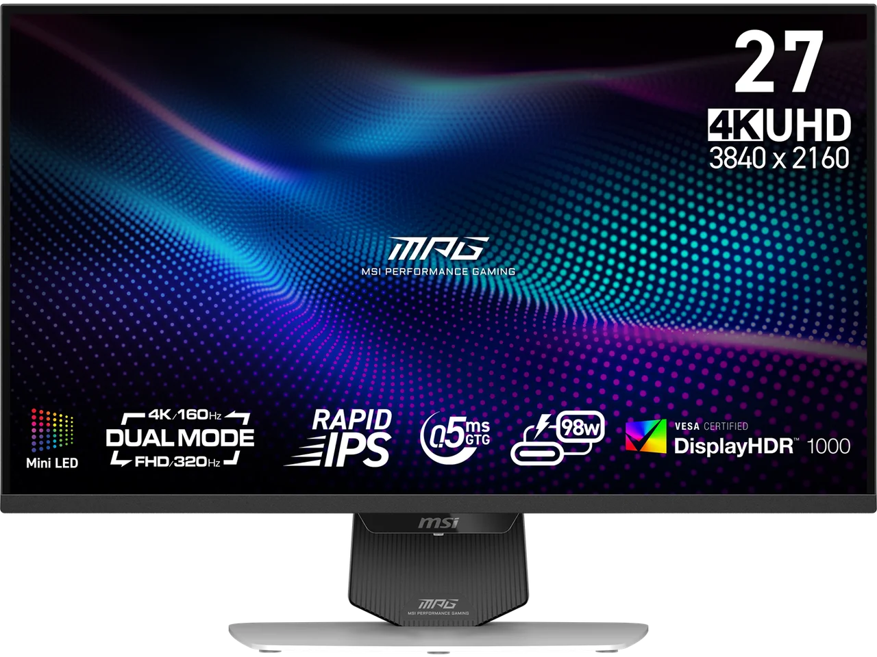 MSI 27" Dual Mode UHD 4K 160Hz / FHD 320Hz Mini LED IPS Gaming Monitor, FreeSync Premium Pro & G-Sync, HDR1000, USB-C