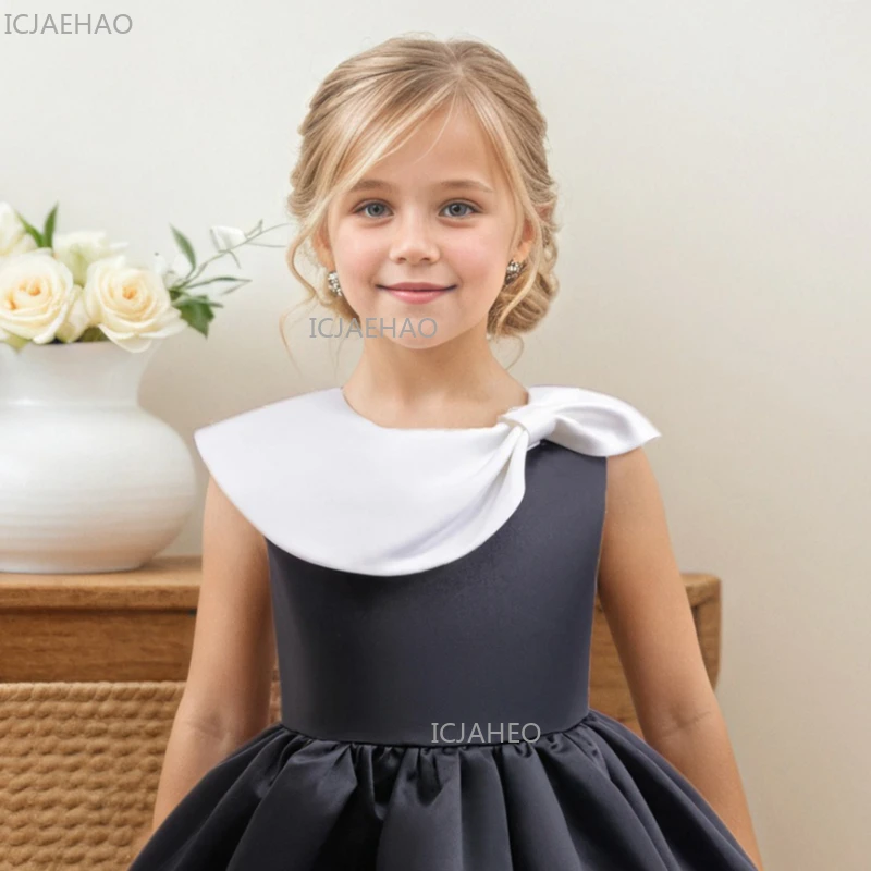 

Vintage Satin Girls Dress Black White Color Block Lapel Princess Party GownKids irthday Occasion Outfit Children Formal Pageant