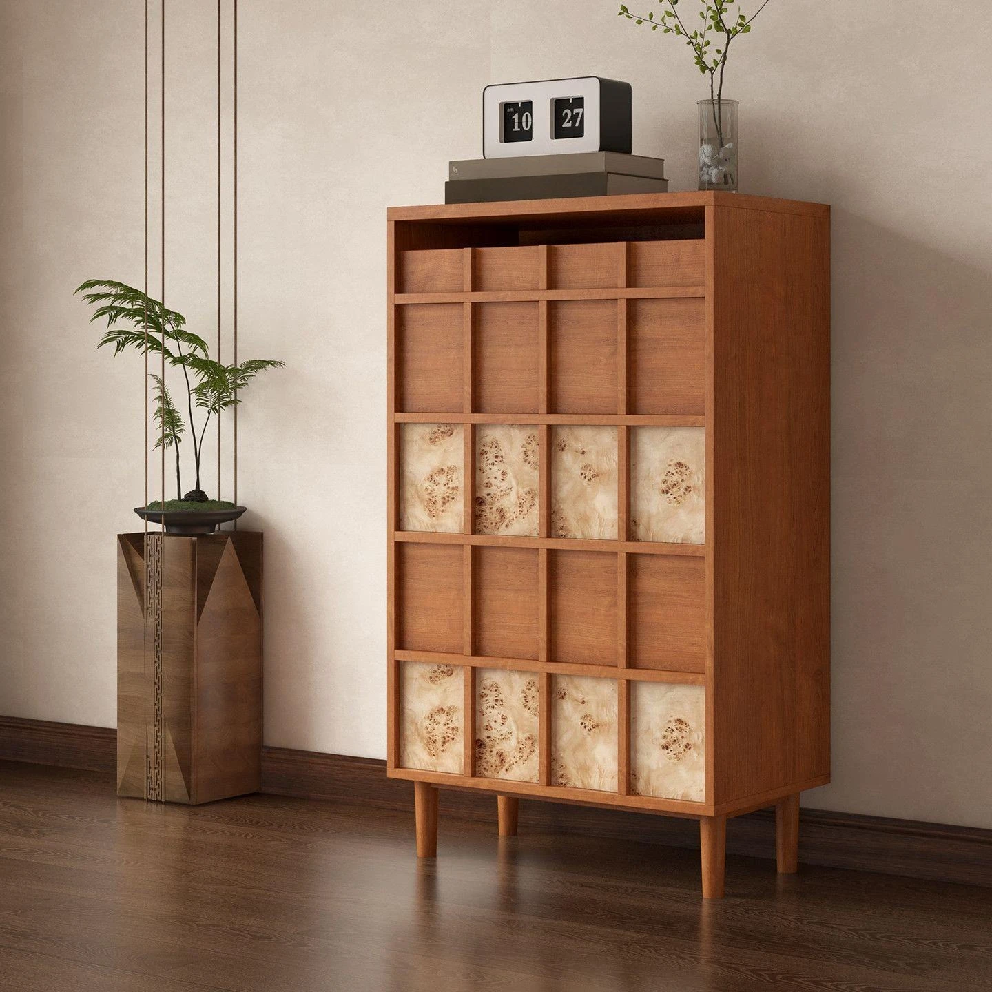 Medieval solid wood chest of drawers, simple teak tree tumor veneer bedroom chest of drawers, Nordic retro storage cabinet