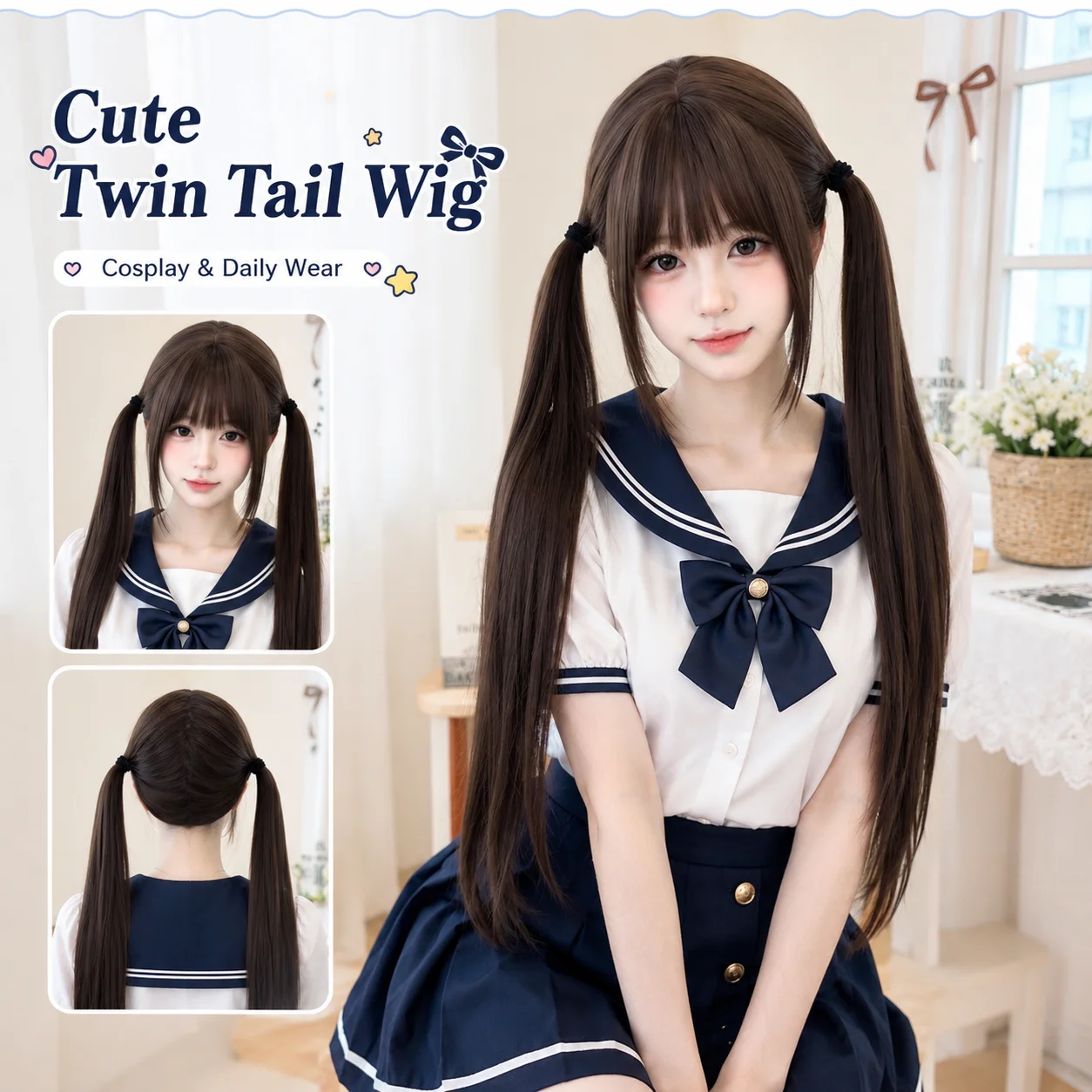High tie style double ponytail long straight Lolita Shao Luo JK double ponytail wig for girls, synthetic full head cover
