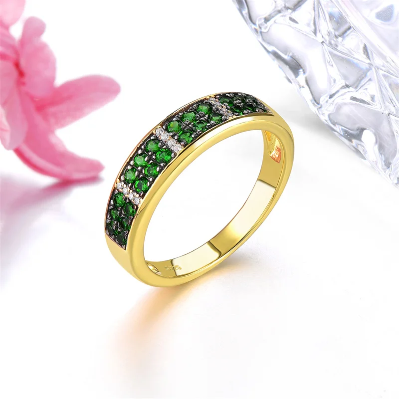 Genuine 925 Real Sterling Silver Ring Natural Chrome Diopside Ring Yellow Gold Plated Women Fashion Rings Wedding Ring