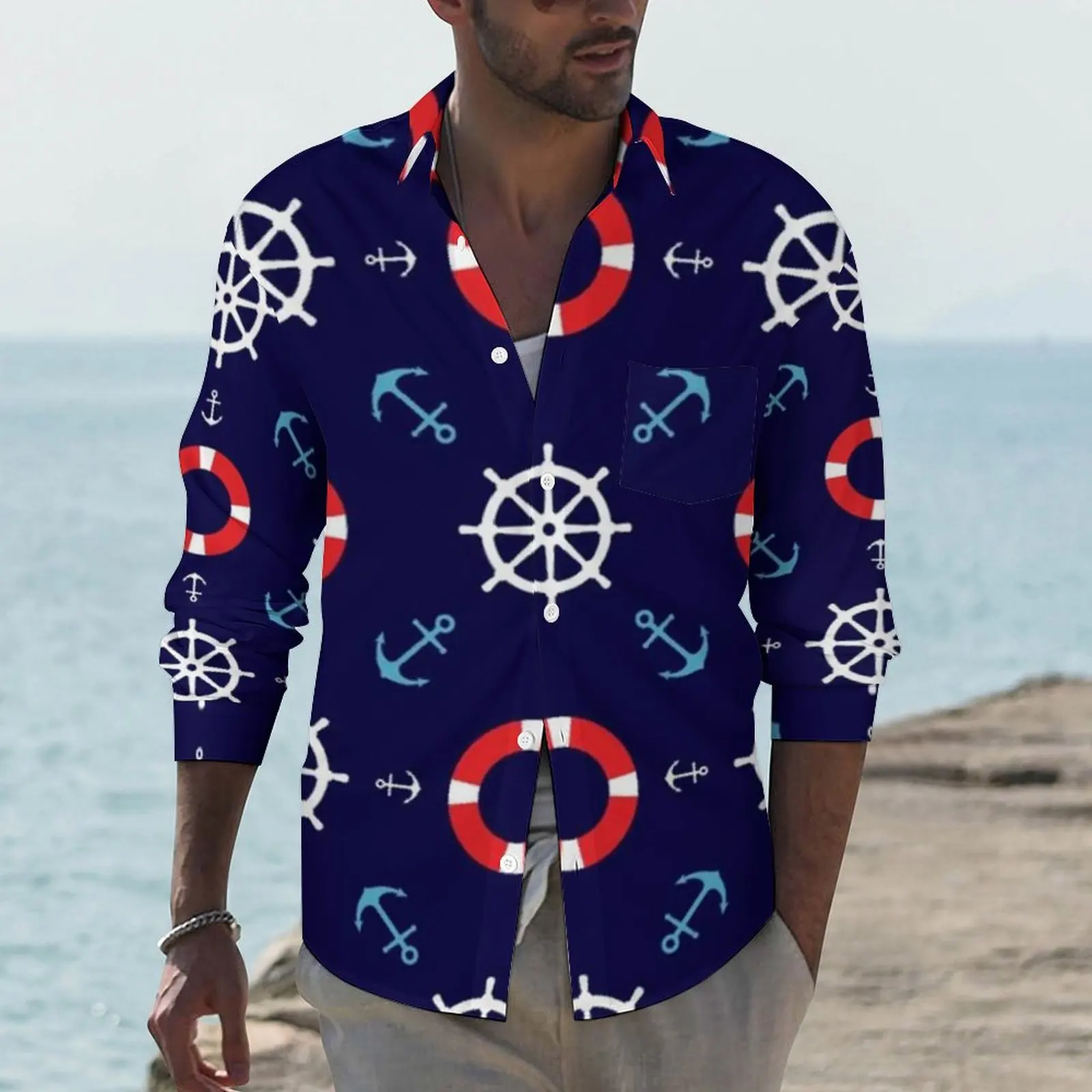 Nautical Sailors Pattern Funny Casual Shirt Man Anchor Print Shirt Autumn Trending Blouses Long Sleeve Custom Oversize Clothing