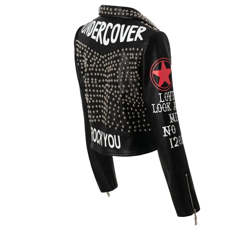 Imagem -03 - Jaqueta de Couro Preta para Mulheres Estilo Punk Slim Fit Zíper Streetwear Curto Estampado Jaquetas de Motocicleta Tendência 2024