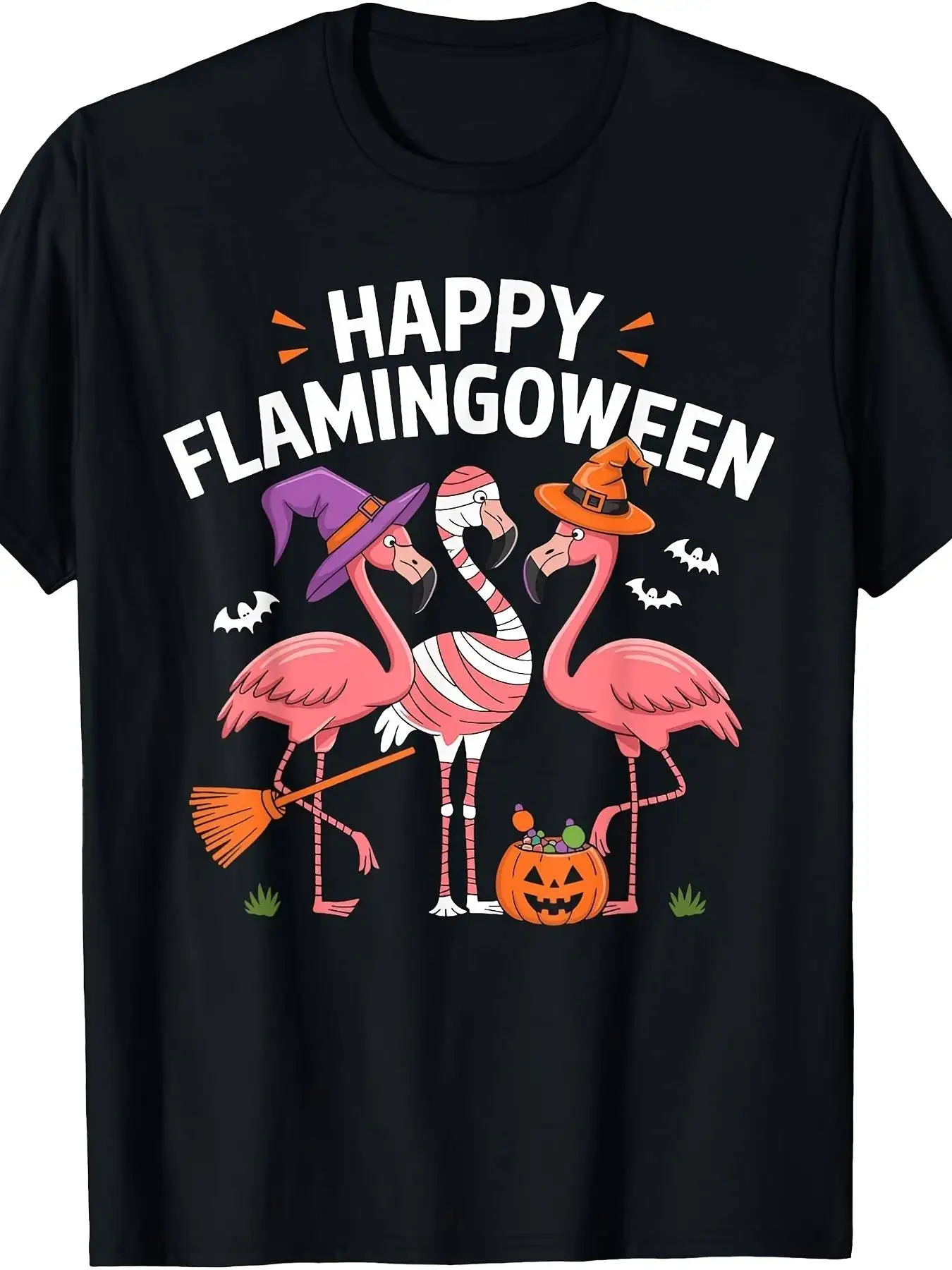 Happy Flamingoween Pink Flamingo Halloween Skeleton Spooky TShirtRetro Casual Crew Neck Printed T-Shirt