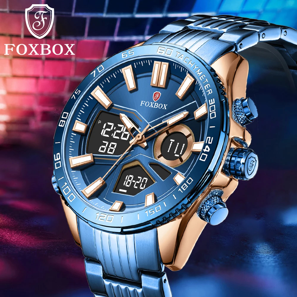 

FOXBOX New Digital Watches For Men LIGE Top Luxury Dual Display Quartz Watches Fashion LED Display Clock Chronograph Wristwatch