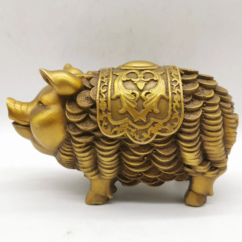 Antique Brass Pig Figurine: Brings Wealth and Fortune, Exquisite Craftsmanship, Thick Patina
