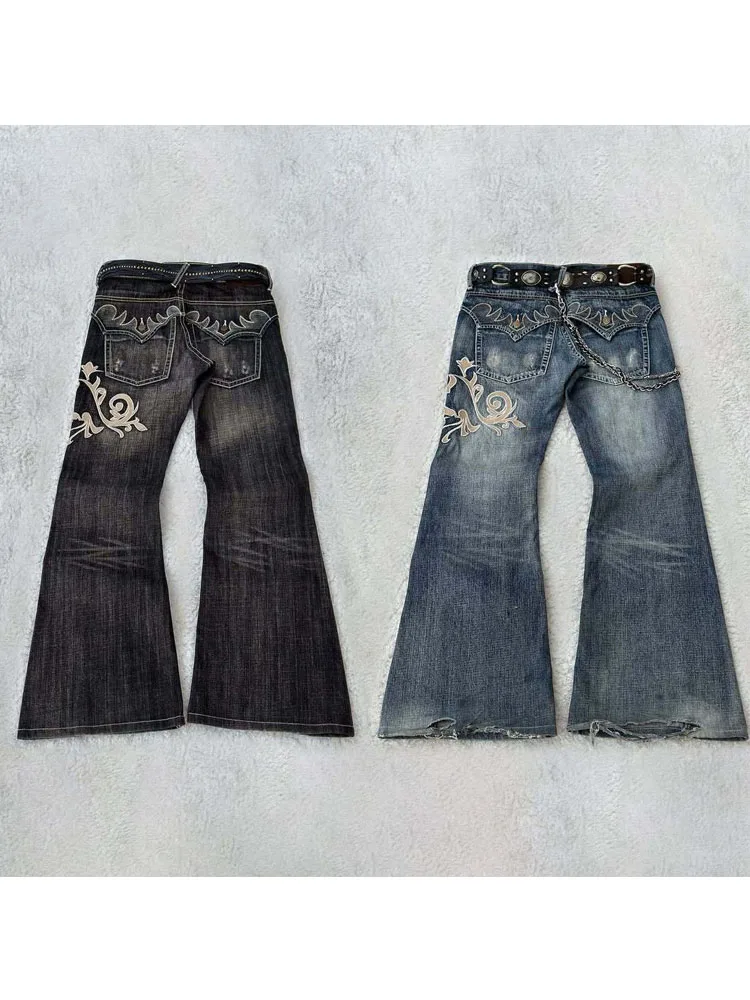 هوتشو Y2k ريترو متوهج الجينز النساء Harajuku القوطية التطريز الدنيم السراويل خمر الشرير فضفاض الشارع الجرونج غسلها بنطلون