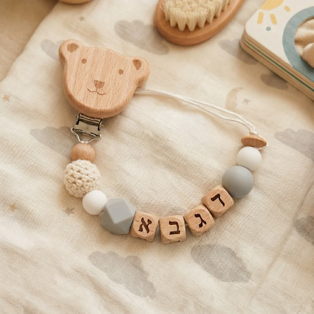 2026 Baby Custom Hebrew Name Silicone Beads Wooden Ring Pacifier Clips Safe Teething Chains Teether Dummy Beech Clips Holder