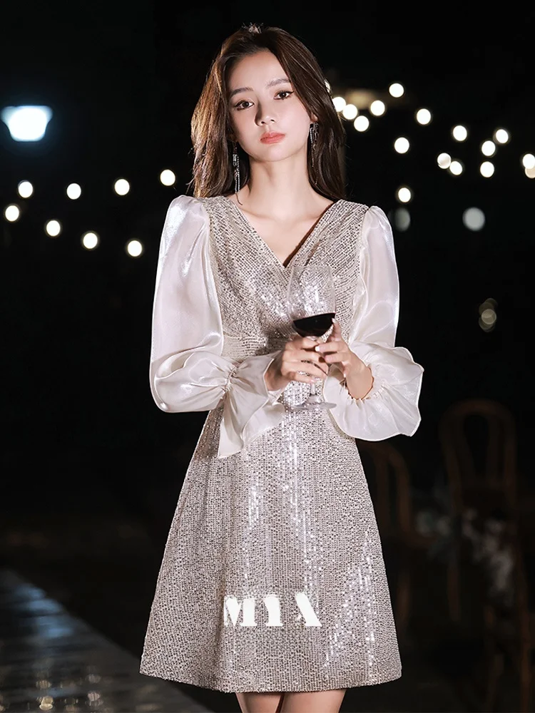 

iny Sequin ort Dr Women's Evening Gown Korean Sle mid Waist Long Sve Deep V Ne Par Dr Luxury Sensation