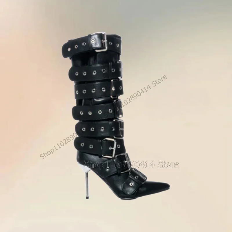 

Black Belt Fastener Decor Metal Heel Pointed Toe Boots Side Zipper Women Shoes Thin High Heels Fashion 2023 Zapatos Para Mujere