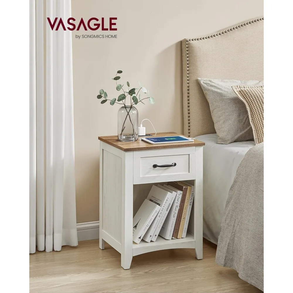 Vasagar farmhouse bedside table with charging station, set of 2, bedside table with drawers, rustic white and honey brown