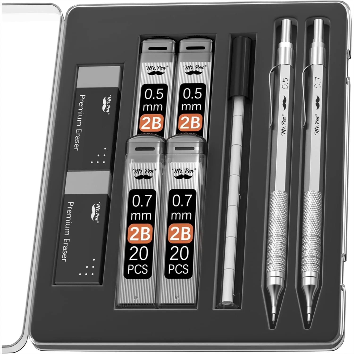 

Metal Mechanical Pencil Set 2 Pack with Lead Refills & Erasers, 0.5 & 0.7mm for Drawing Sketching Note Taking Office School