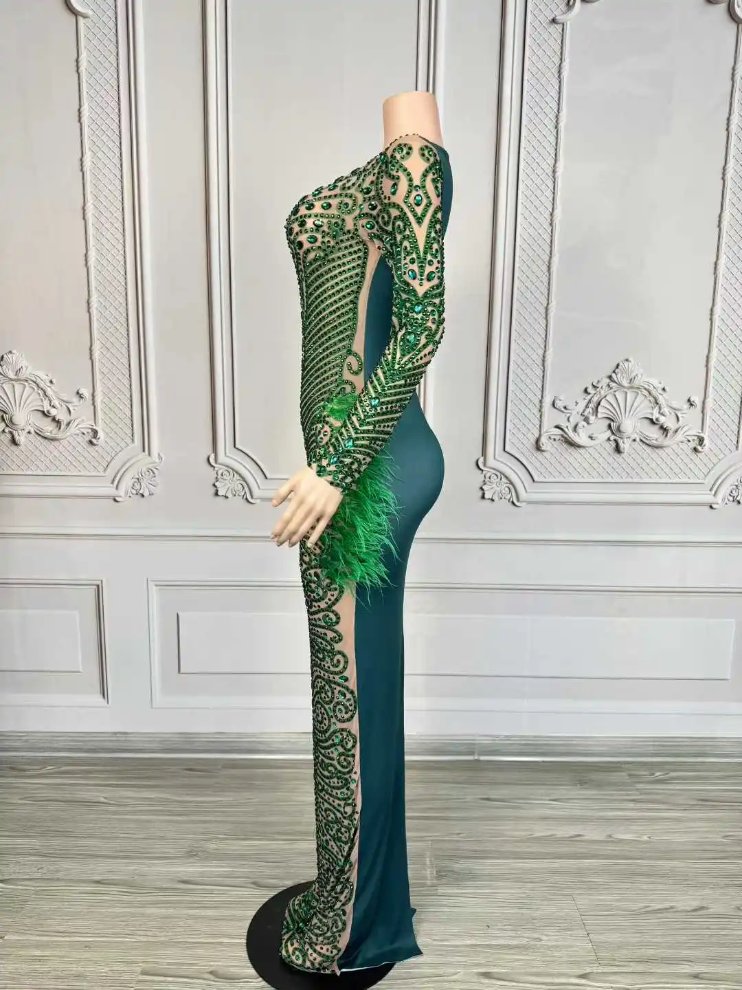 Sexy Elegant Evening Gown Blingbling Green Rhinestones Feather Dress Women Wedding Cocktail Party Photoshoot Stage Wear Costume