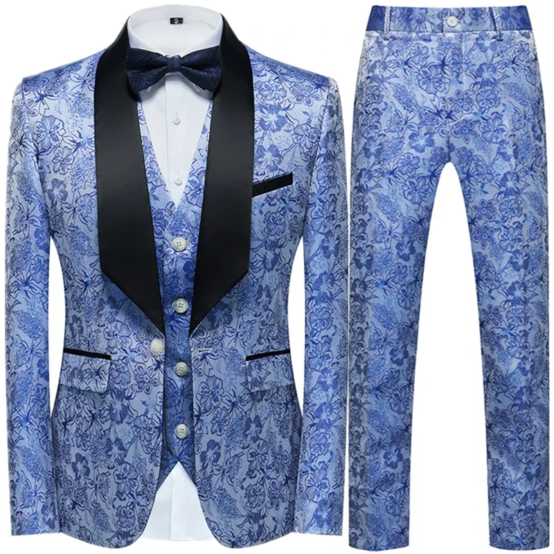 2023 Fashion New Men\'s Casual Boutique Business Wedding Host Flower Color Suits 3 Pcs Set Dress Blazers Jacket Pants Vest Coat