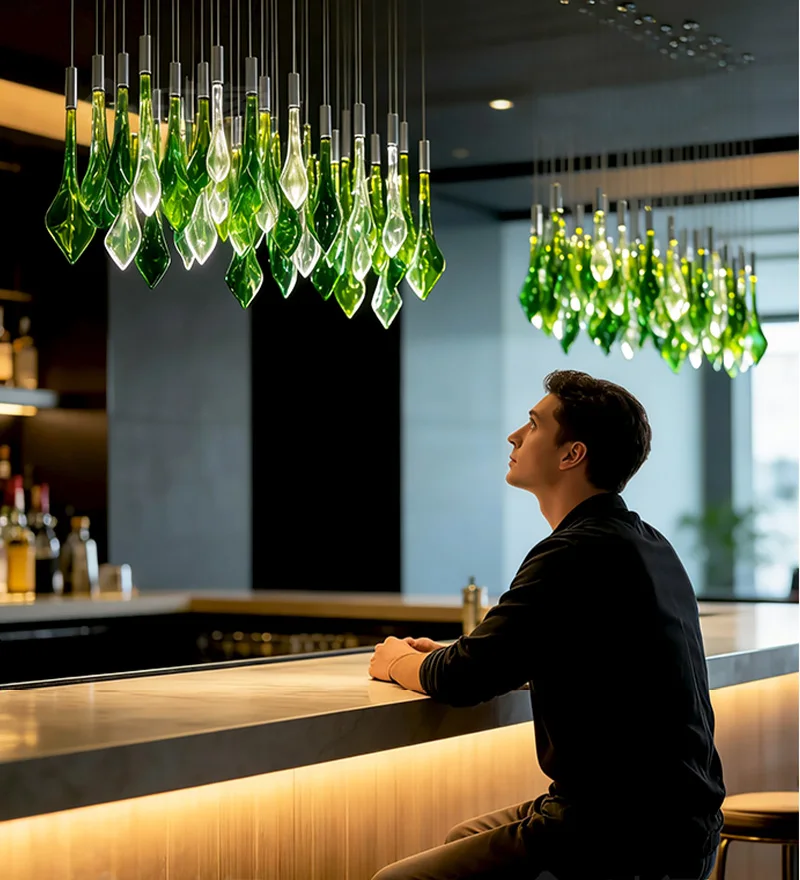 

Modern Nordic Green Glass Lustre Chandelier, Custom Hardware Pendant Lamp for Restaurant, Minimalist Decor for Indoor Ceilings
