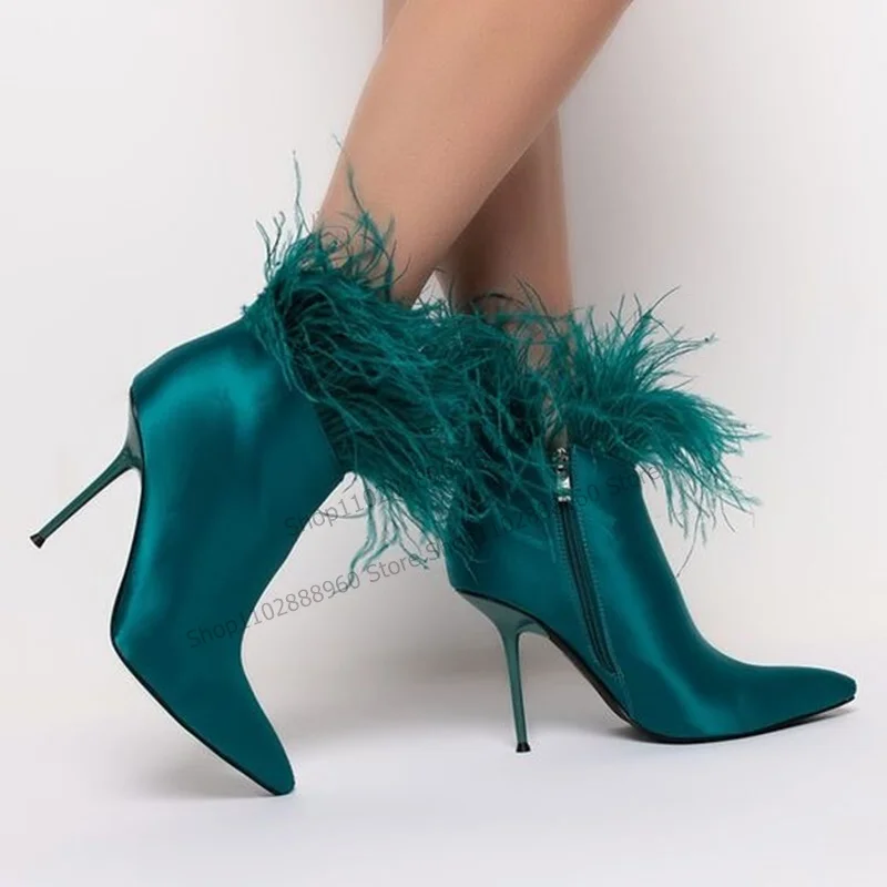 Bottes pointues en satin pour femmes, décoration de plumes, châssis solide, chaussures à talons hauts, fermeture à glissière latérale, Parker, mode 2023