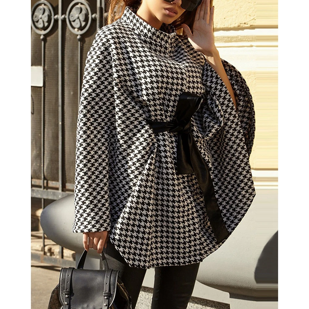 

Women Houndstooth Print Loose Tied Detail Cloak Top Autumn Winter Elegant Clothing Street wear