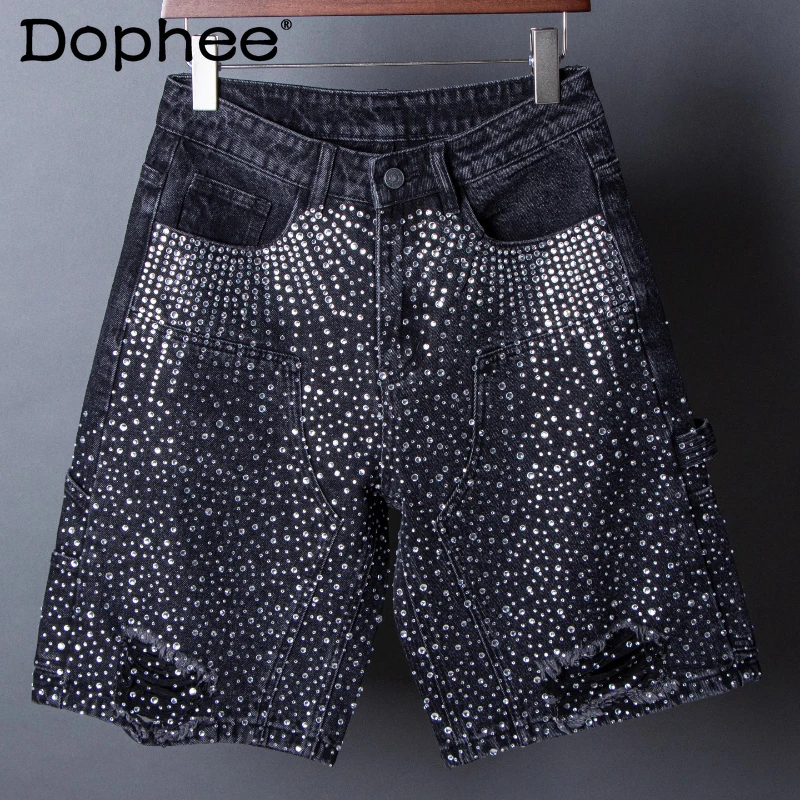 

High-End Full Diamond Denim Shorts Men 2025 Summer New Straight Short Pants Pocket Splicing Design Hot Diamond Mid-Length Pants