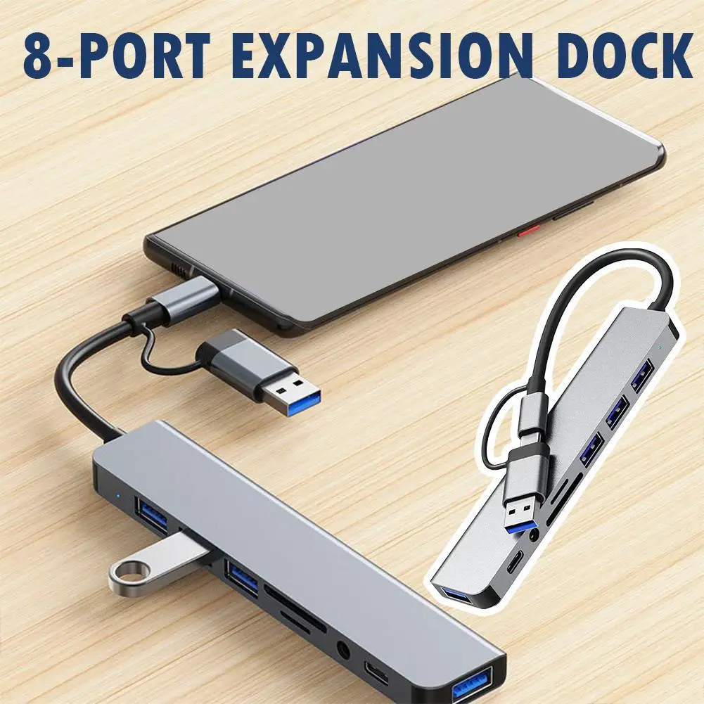 USB Docking Station 8-In-1 Hub With PD100W,SD/TF,Audio3.5, For Laptops, Tablets And Phones