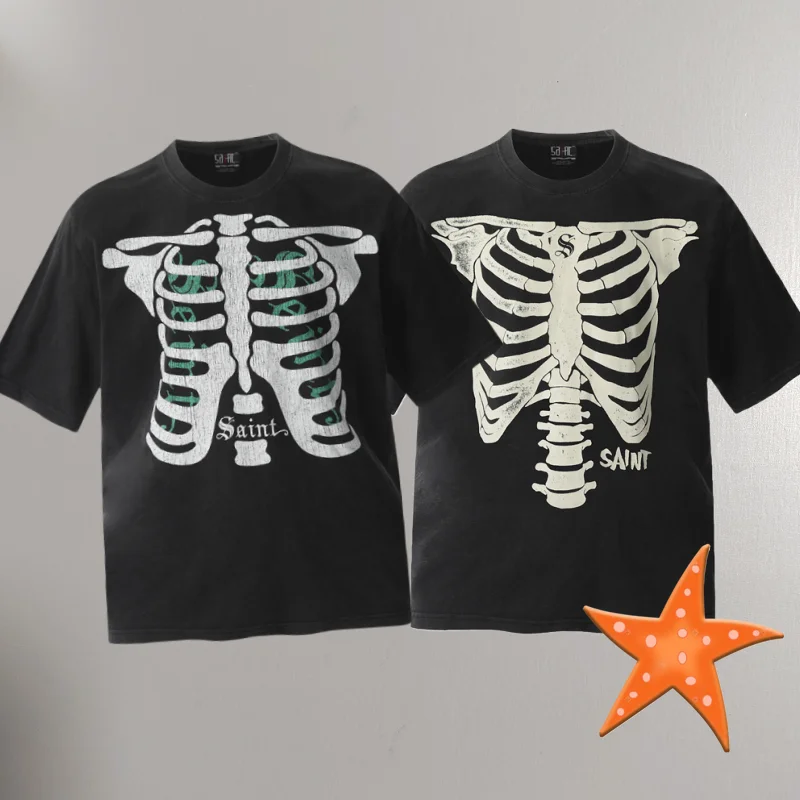 

Y2K Clothes Cotton Saint T-shirt Hip Hop Skull Creative Print Retro Black Short Sleeve T Shirt Men Women Casual Top Tee