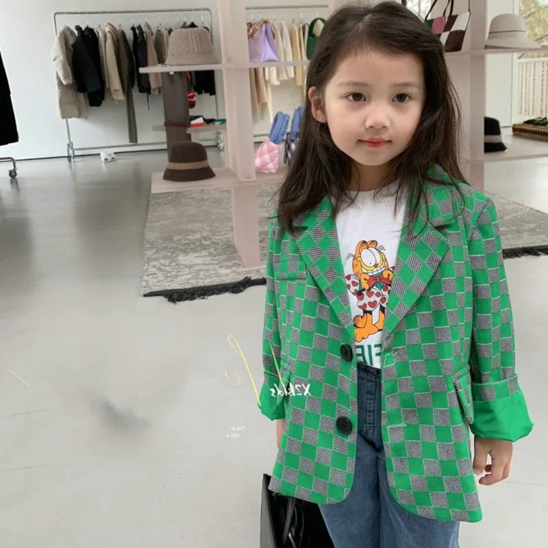 2024 Girl Loose Coat Chessboard Pattern Leisure Suit Tops Spring Autumn Korean Clothes Children\'s Clothing Jackets