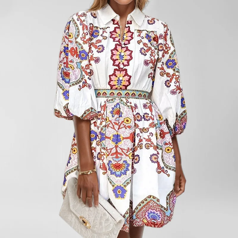 

2025 Spring New Bohemian Print Dress Lantern Sleeve Notched Collar Women Fashion