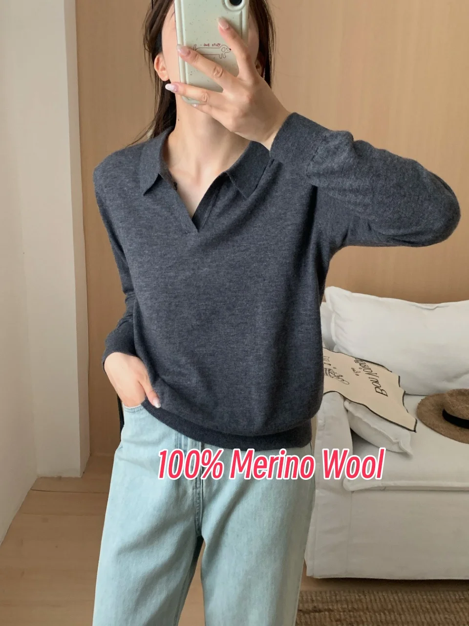Real 100% Merino Wool Tees Women 2025 Spring Casual Turn Down Collar Knit Shirt Ladies Pure Wool Sweater Long Sleeve Thin Tops