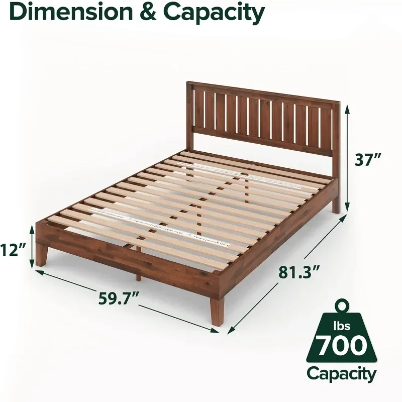 Vivek Deluxe Wood Platform Bed Frame with Headboard / Wooden Slat Support / No Box Spring Needed / Easy Assembly, Queen