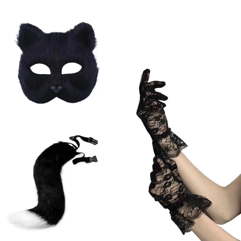 High Quality Half Face Therian Mask Tail and Gloves Set Faux Furs Unisex Cats Mask Animal Masquerade Eye Mask