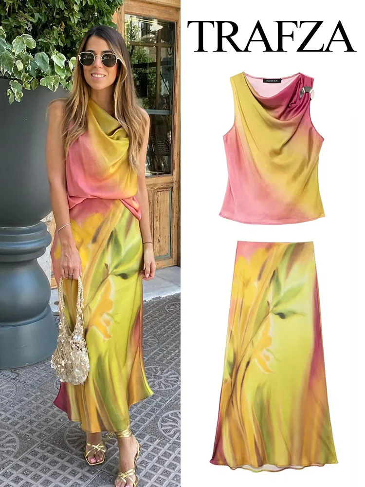 TRAFZA Women Summer 2 Piece Set Chic Tie Dye Folds Metal Decorate Sleeveless Slim Top+Fashion Elegant Printed Midi Skirt Mujer