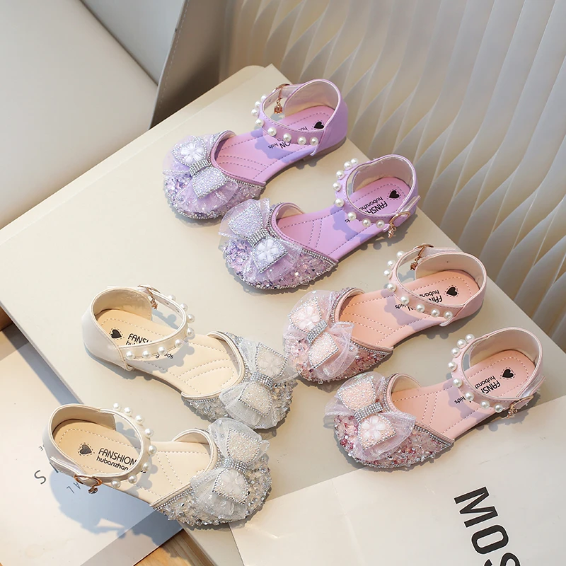 

Summer Baby Girls Sandals Children Sequins Rhinestone Bow Birthday Party Princess Shoes Soft Sole Seaside Vacation Kids Shoes