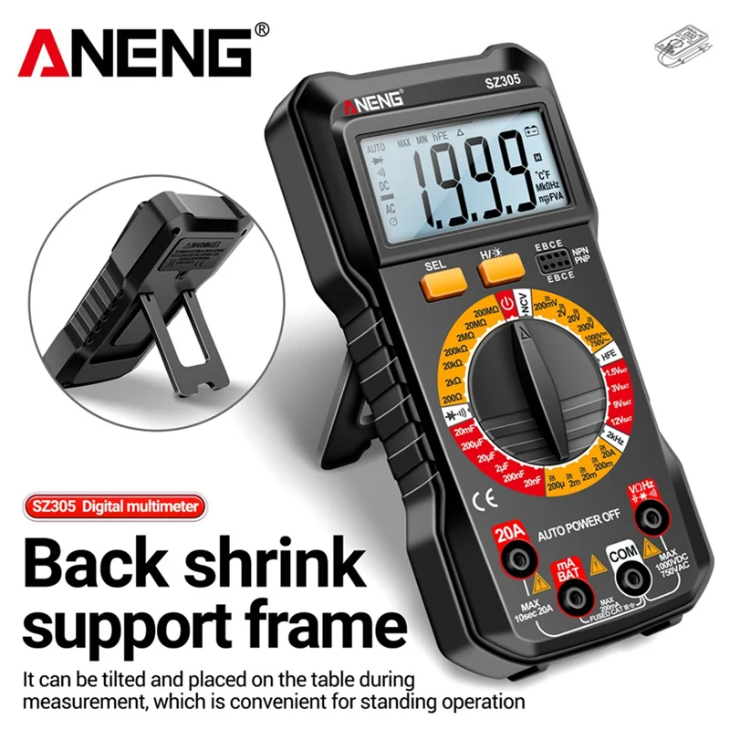 

ANENG SZ305 1999 Counts Multimeter Capacitor Testers Smart Voltmeter AC/DC Voltage Current Resistance Ohm Test Tools Black