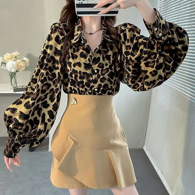 Summer New Women\'s Printed Leopard Polo Neck Shirts Fashion Korean Commute Loose Lantern Sleeve Single-breasted Chiffon Blouses