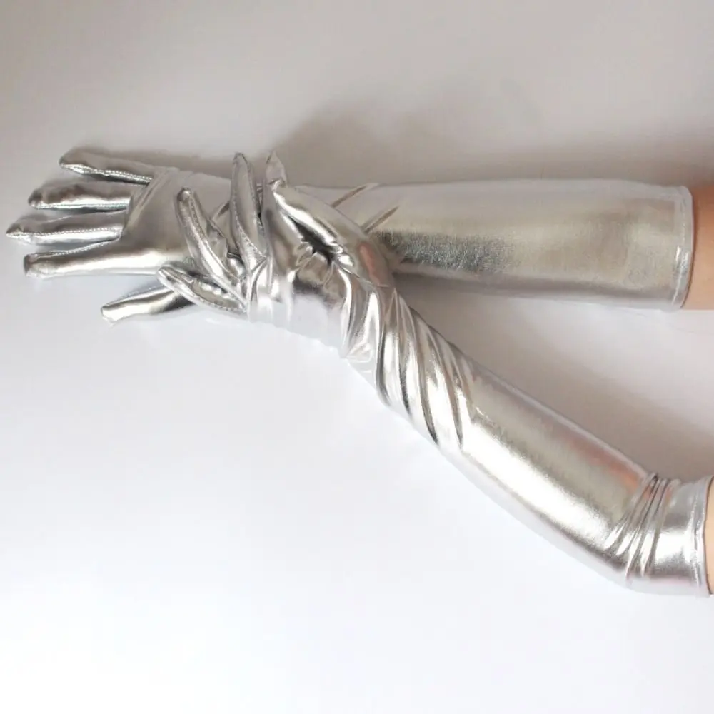 Gothic glänzende helle Lederhandschuhe Gold Silber Farbe Bühnenauftritte Clubwear Fäustlinge lange/kurze Etikette-Handschuhe Halloween